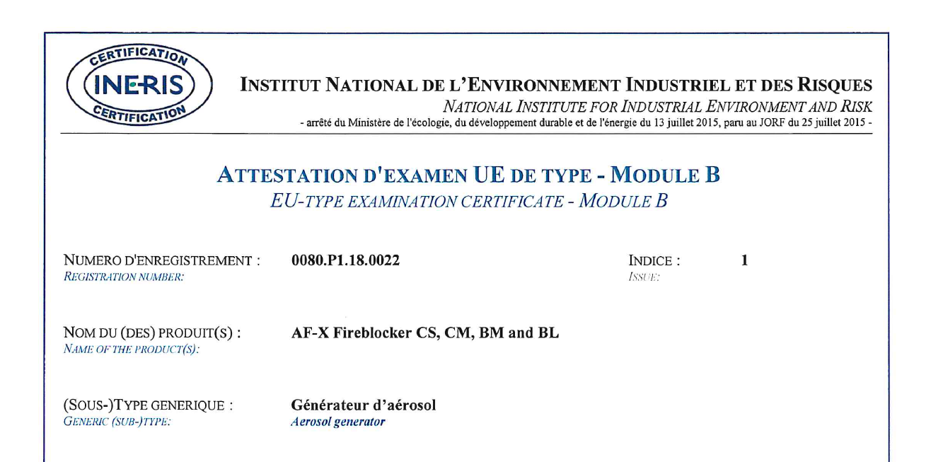 INERIS - EU-Type Examination Certificate - Module B - AF-X Fireblocker
